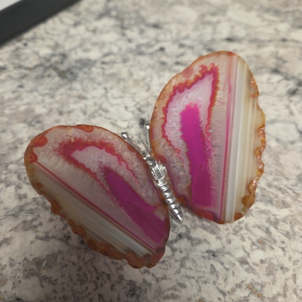 Pink and Silver Crystal/rock Butterfly Agate Figurine
